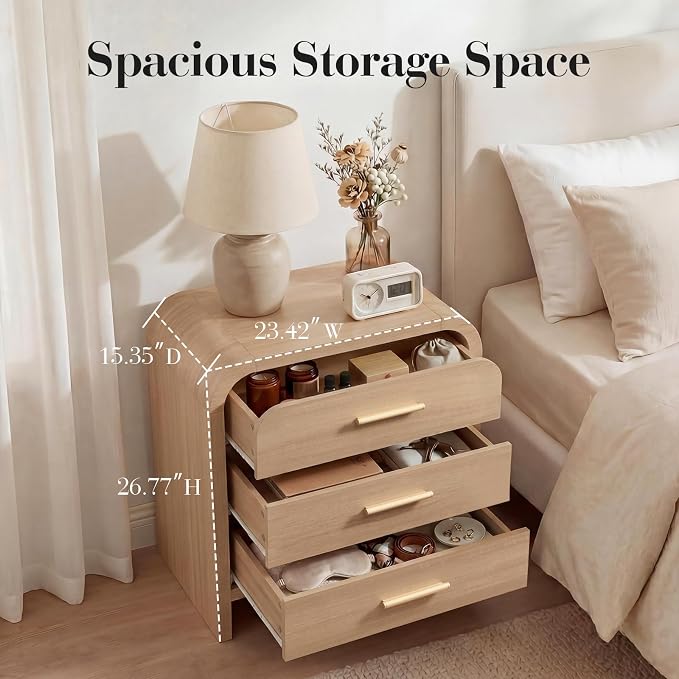 Night Stand, 3-Drawer | [Curved Profile] [FSC-Certified Wooden Board] Nightstand 26.7"H Metal Handle Modern Bedside Table Side Table End Table