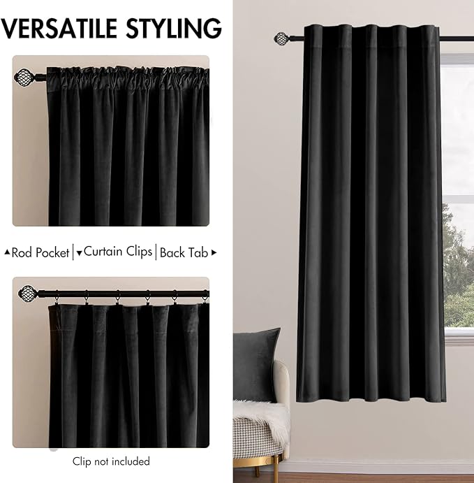 MIULEE Black Velvet Curtains 52x63 inches 2 Panels Luxury Blackout Curtains | Thermal Insulated, Super Soft Window Drapes for Bedroom Living Room, Rod Pocket & Back Tab, Halloween Decor