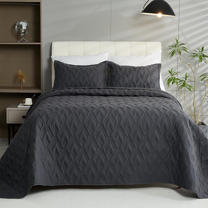 Cmfshape Diamond Embroidery Quilt Set,3 Pieces Queen Quilt Bedding Set,Lightweight Soft Quilt Set for All Seasons,Soft Bedspread Reversible Coverlet(Dark Gray,92"x96")