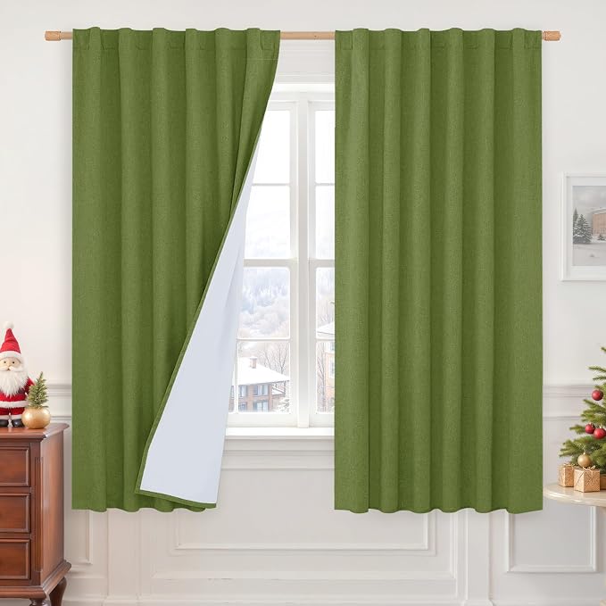 100% Blackout Linen Curtains 68 Inches for Living Room 2 Panels | Room Darkening, Bedroom Curtains, Privacy Protected Window Panels, Rod Pocket Back Tab, White Liner, 52 x 68 Inch, Sage Green