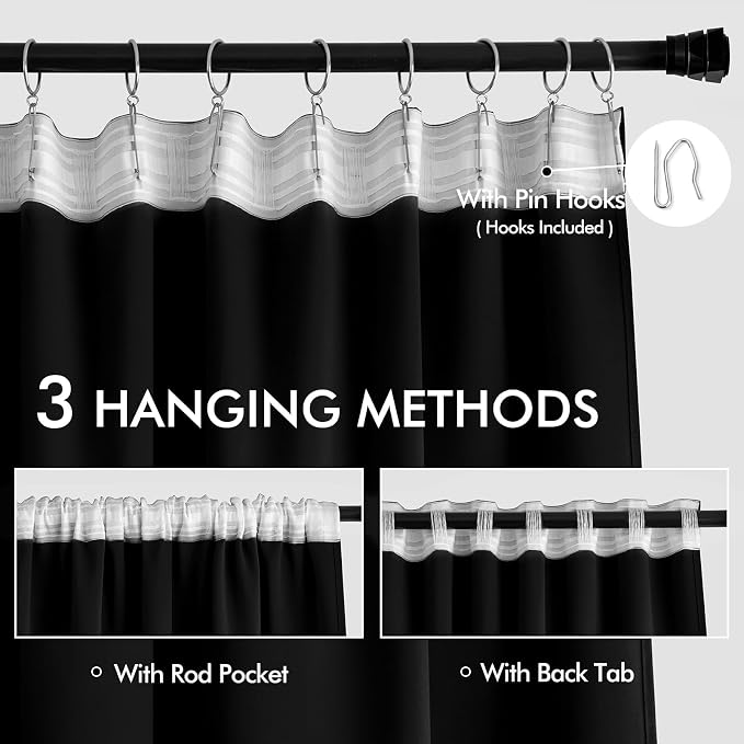 MIULEE Black Back Tab Blackout Curtains 52x104 Inch Length 2 Panels Set | Rod Pocket Pinch Pleated, Thermal Insulated, Room Darkening, Light Blocking Drape, Halloween Curtains for Living Room Bedroom