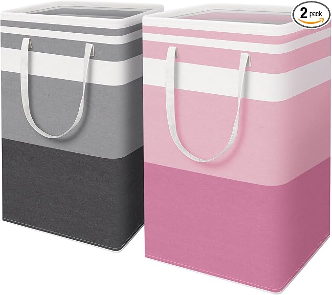 HomeHacks 2 Pack Laundry Baskets, Laundry Hampers Bags (Grey+Pink 88L) | Waterproof, Freestanding, Collapsible Clothes Hamper with Reinforced Handles in Laundry Room, Dorm, Bathroom, Bedroom