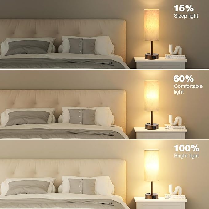 Brown Bedside Table Lamp for Bedroom - 3 Way Dimmable Touch Lamp USB C Charging Ports and AC Outlet, Small Lamp Round Flaxen Cream Fabric Shade for Living Room, Desk, LED Bulb Included