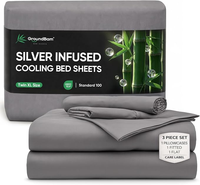 Silver Infused Bed Sheets Set, Temperature-Regulating Fabric with Self-Cleaning Technology for 3X Freshness Sleep, Genuine 100% Organic Viscose Derived from Bamboo (TwinXL, Darkgray)