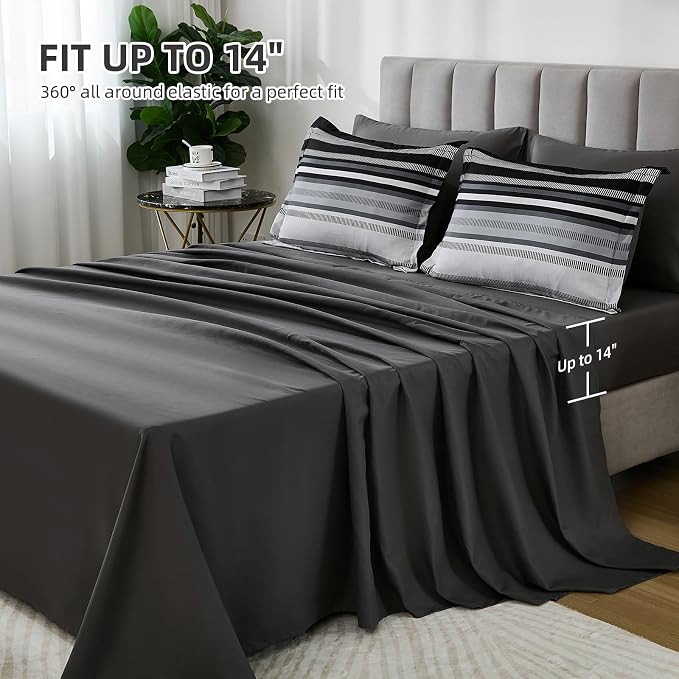 Dobuyly Black Comforter King Size Set 7 Pieces, Boho Striped Grey Bed in a Bag Soft Microfiber Bedding Set with Comforter, Sheets, Pillowcases & Shams All Season