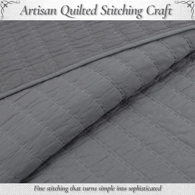 Cozy Line Home Fashions 100% Cotton 3-Piece Charcoal Gray Solid Classic Modern Quilted Bedspread with Shams, Lightweight All Season Modern Bedding (Channel Gray, Queen)