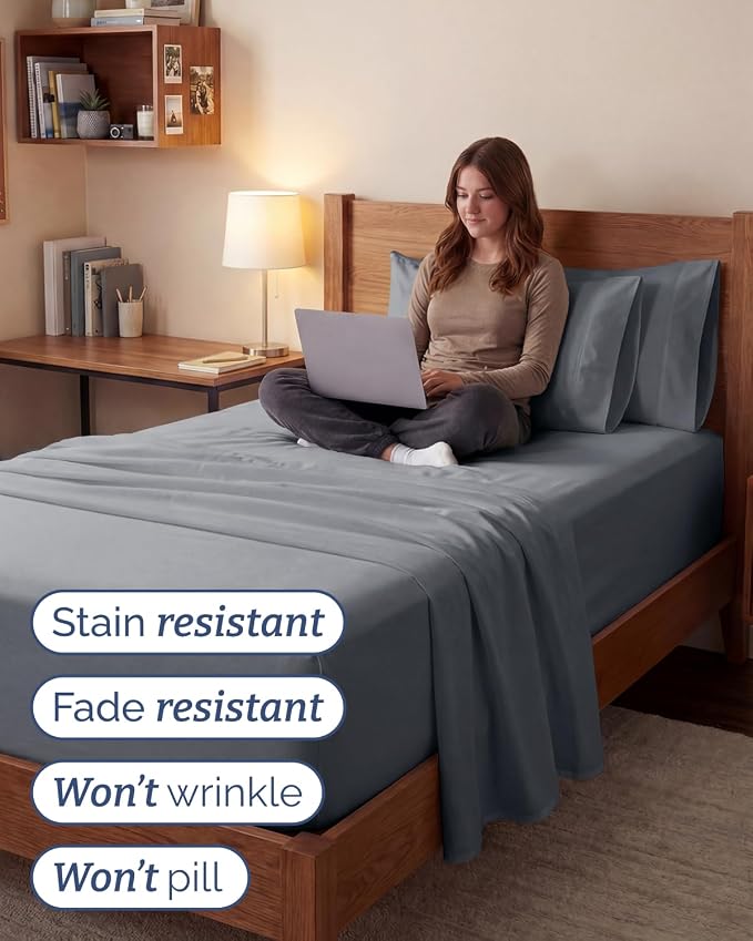 Extra Deep Twin XL Sheet Set - 4 Piece College Dorm Room - Steel Blue | College Dorm Room Essentials, Easy & Secure Fit, Ultra-Soft, Wrinkle & Fade Free, Comfy Sheets Set with Extra Deep Pockets