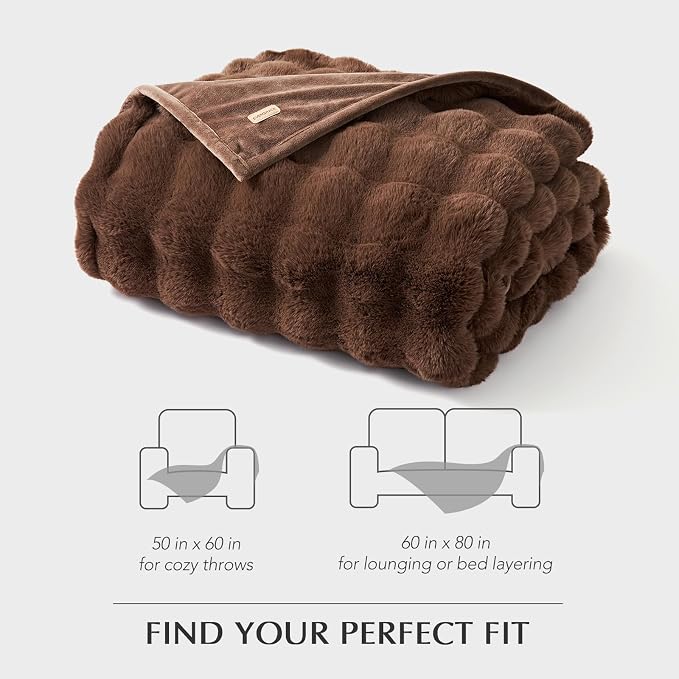 EverGrace Faux Rabbit Fur Bubble Throw Blanket, 50"x60", Chestnut | Ultra Soft, Luxury Faux Rabbit Fur Throw, Thick Warm Bubble Blanket, Cozy Fluffy Reversible, for Bed, Couch, Chair, Sofa