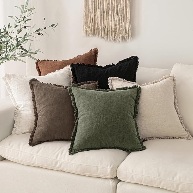 MIULEE Linen Fringe Decorative Fall Pillow Covers Chocolate Brown 26x26 | Set of 2, Cottagecore Decor, Boho Farmhouse Neutral Pillow Covers, Rustic Fall Couch Cushion Cases for Sofa Bed Living Room