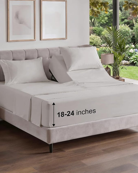 Flex Top Split Head King Sheet Set - 4 Piece Extra Deep Sheets - Light Grey | Easily Fits 18 to 24 inch Mattress, Ultra Soft, Wrinkle & Fade Free with Extra Deep Pockets, Comfy Hotel Luxury Bedding