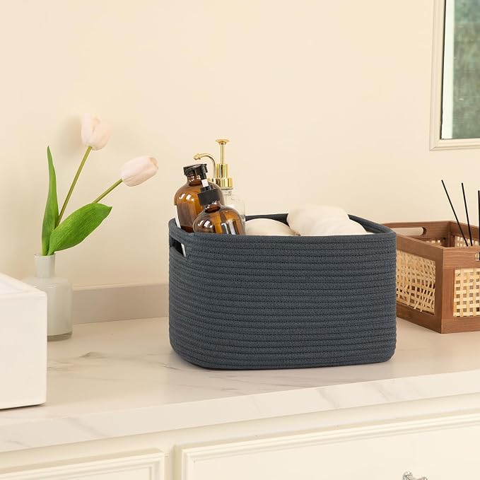 OIAHOMY 4 Pack Storage Baskets for Organizing 15L Cube Storage Bins Blue | Woven Baskets for Storage Rectangle Small Baskets With Handles Baskets for Shelves Wicker Baskets for Shelves 12.7x9x7.8inch
