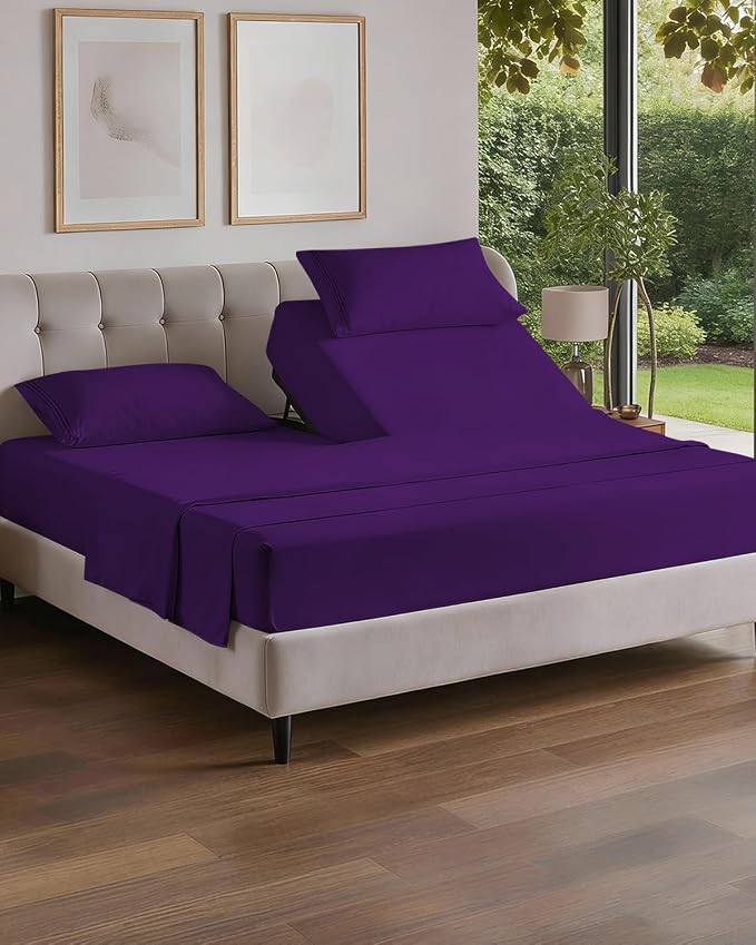 Flex Top Split Head King 4 Piece Sheet Set - Ultra-Soft & Cooling - Purple | Cooling Bed Sheets Set, Hotel Luxury Bedding for Women & Men with Deep Pockets, Wrinkle Free & Fade Resistant, Oeko-Tex