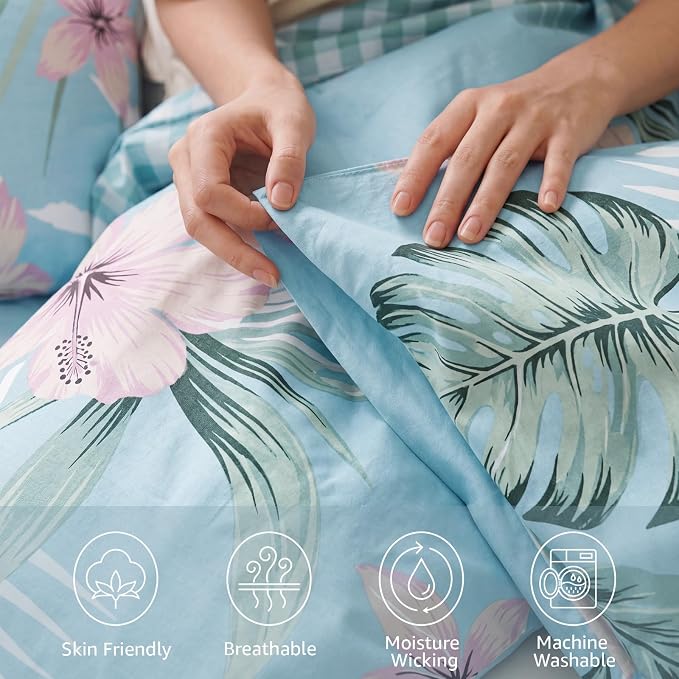 King Size Comforter Set - 7 Pieces Floral Bed in a Bag King Bedding Set | Tropical Palm Leaf Comforter Set with Sheets, Pillowcases & Shams for All Seasons, Blue