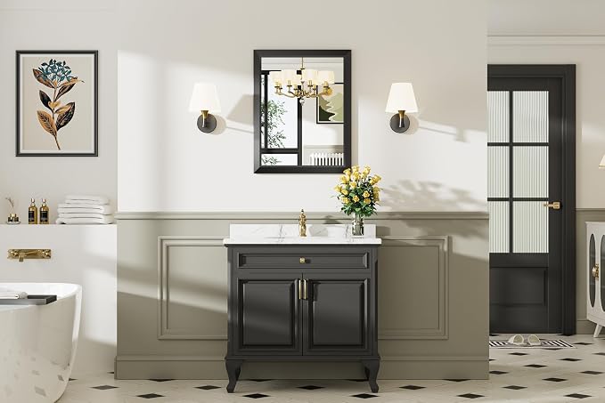 Black Metal Framed Bathroom Wall Mirror, 24x30 Inch | Anti-rust, HD tempered glass, for bathroom vanity, bedroom, living room, horizontal or vertical mount