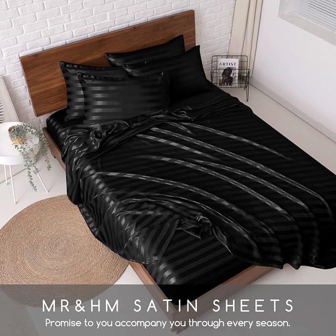 MR&HM Satin Sheets King Size with Elastic Corner Straps, Black Striped | Similar to Silk, 6-Piece Silky Soft Bed Sheet Set, Gentle on Skin and Hair, 15" Deep Pocket, Cooling & Breathable