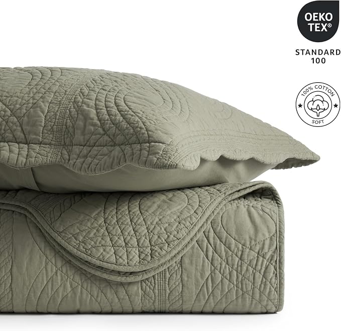 100% Cotton Scallop Quilt Set, Queen Size, Olive Green | Scalloped Border, Timeless Chic Aesthetic, All-Season Comfort, Perfect French Country Bedroom Decor, 3 Piece Set with 2 Shams