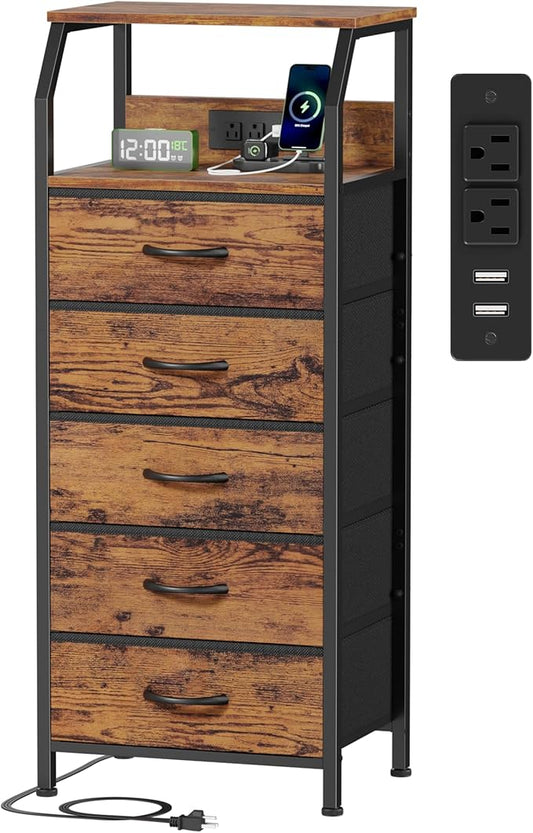 Furnulem 5 Drawers Dresser with Charging Station, Tall Nightstand, Brown | Tall Dorm Nightstand, Fabric Chest of Drawers with Storage Shelf, Skinny Dresser for Bedroom, Closet, Entryway, 3 Ways to Use