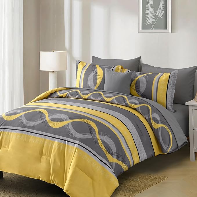 Anibedding Yellow Comforter Set Full Size,8 Pieces Bed in a Bag Patchwork Striped Bedding Sets,Boho Soft Microfiber Bedding Set for All Season(78"×90")