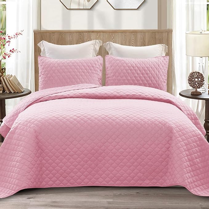 Exclusivo Mezcla Reversible King Size Quilt Bedding Set, Bright Pink | Lightweight Bedspreads with 2 Pillow Shams, Soft Microfiber, All Season Bed Coverlets for Bedroom Guest Room, 104x96 Inch
