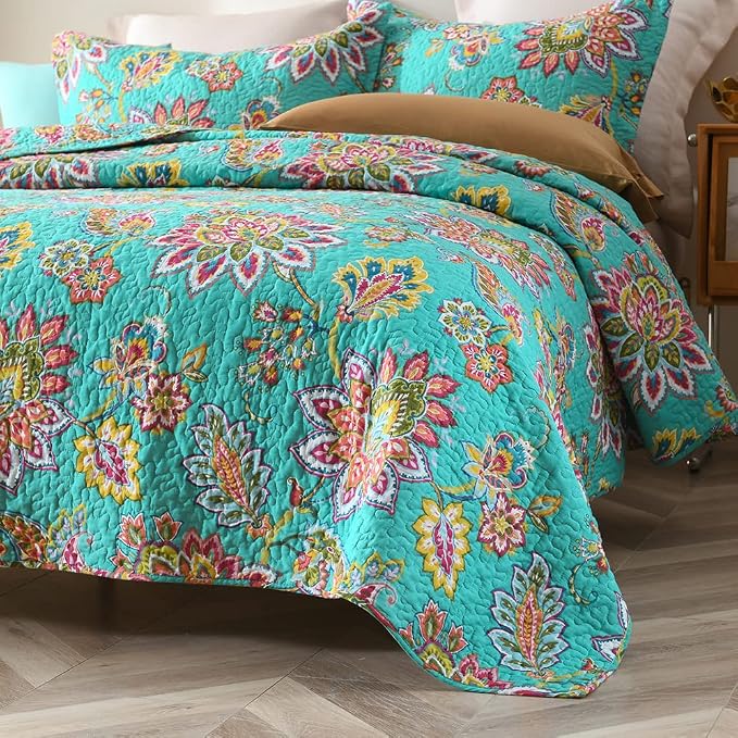 Wistown Cotton Bedspread Bedding Coverlet Quilt Sets, Reversible Vintage Branch Floral Bedspread comforters, (Vintage Turquoise Paisley Floral Pattern, Queen Size)