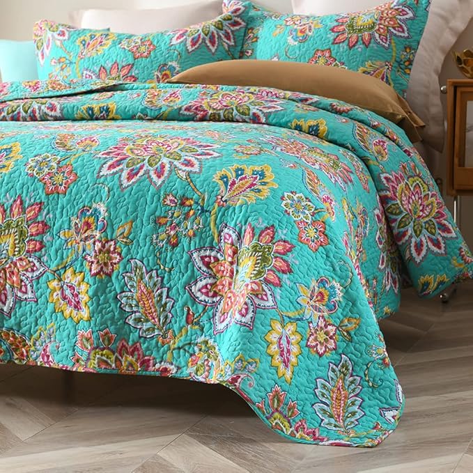 Wistown Cotton Bedspread Bedding Coverlet Quilt Sets, Reversible Vintage Branch Floral Bedspread comforters, (Vintage Turquoise Paisley Floral Pattern, King Size)