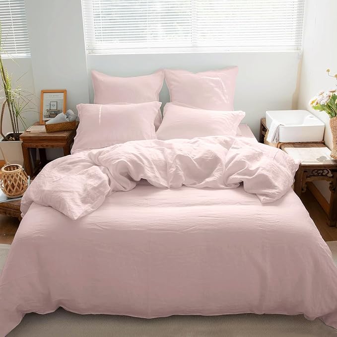 Simple&Opulence 100% Washed Linen Euro Shams 26'' x 26'' Pack of 2, Basic Style Solid Color Natural Flax Farmhouse Decorative Square Throw Pillow Covers for Bed Couch Sofa - Brush Pink