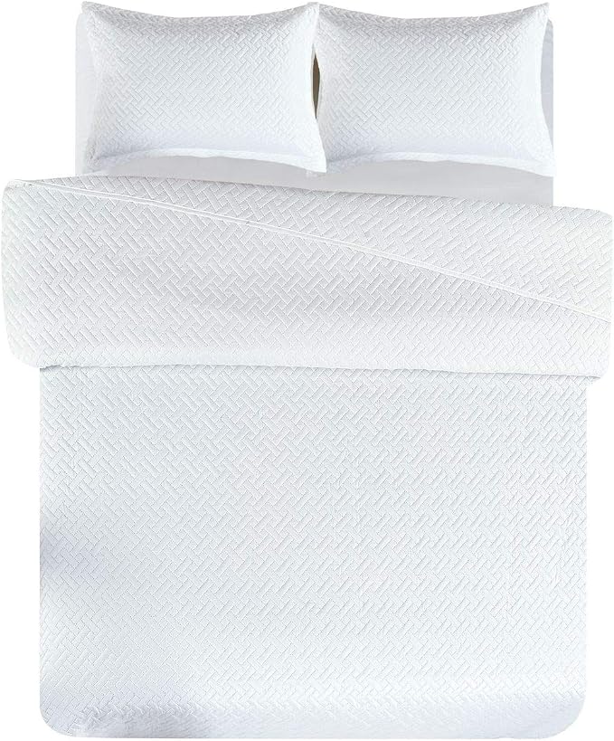 Legacy Decor 3 PCS Squared Stitched Pinsonic Soft Bedspread, Queen White | Oversized Queen Squared Stitched Coverlet, All Season, Oversized, White Color, 3 PCS Set, Bedspread Quilt Coverlet