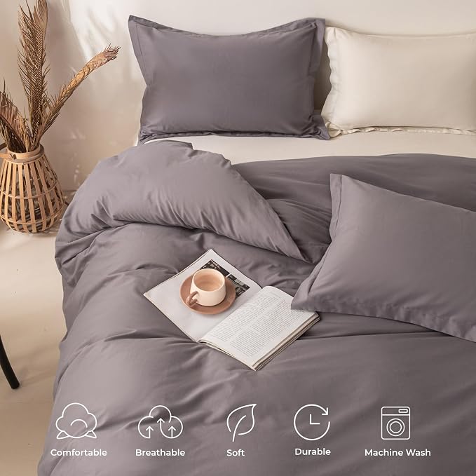 OAITE Duvet Cover Set 100% Washed Cotton Solid 3pcs | Soft,Durable,Long-staple Cotton,Hidden Zipper with 8 Interior Corner Ties,2 Pillowcases