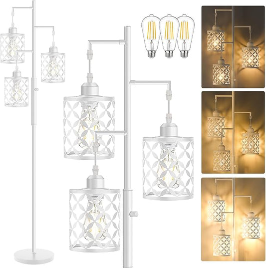 68" Industrial Tree Floor Lamp, Dimmable Farmhouse Tall Stand Light with Metal Cages & Rotary Dimmer Knob, Corner Decor Lighting for Living Room Bedroom Cafe, 3 x 800LM Bulbs Included-White