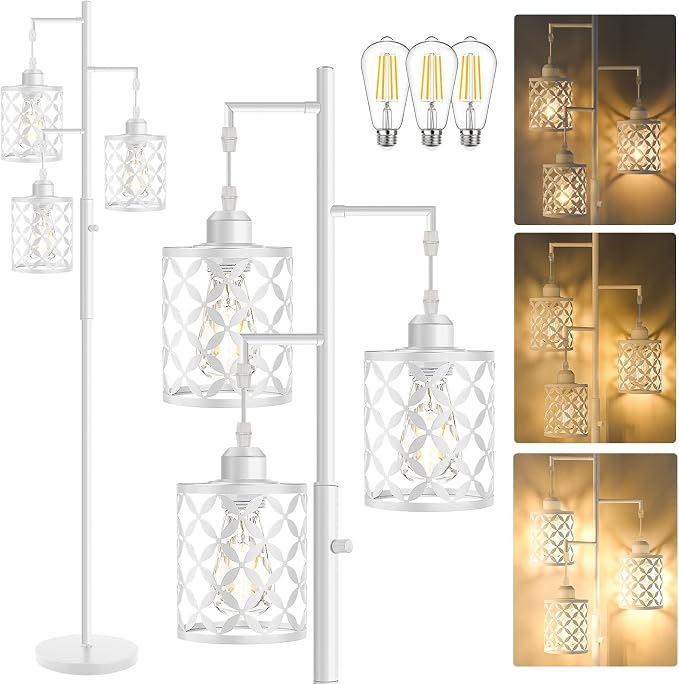 72" Industrial Tree Floor Lamp, Dimmable Farmhouse Tall Stand Light with Metal Cages & Rotary Dimmer Knob, Corner Decor Lighting for Living Room Bedroom Cafe, 3 x 800LM Bulbs Included-White