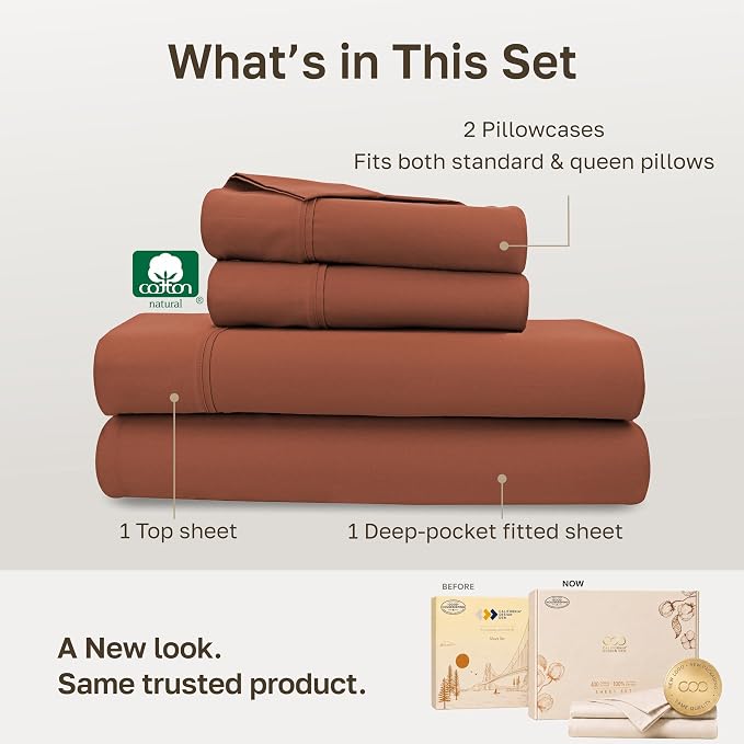 California Design Den Soft 100% Cotton Sateen Queen Sheet Set, 4 Pcs, Rust | 400 Thread Count Backed by Good Housekeeping Seal, 16" Deep Pocket, All-Around Elastic, Durable, Easy Care