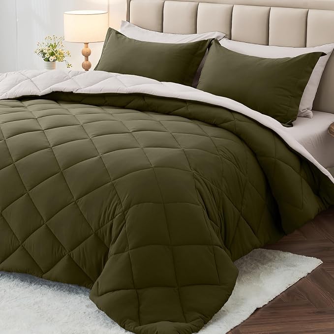 5 Pieces Twin Comforter Set, Reversible Bed in a Bag Twin Size, All Season Bedding Set with Comforter, Flat Sheet, Fitted Sheet, Pillowcases & Shams, Olive Green & Beige