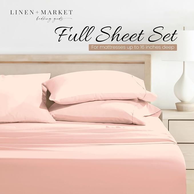 Linen Market Brushed Microfiber Full Sheet Set 4 Piece – Oeko-TEX Certified Ultra Soft & Wrinkle-Free - 16" Deep Pocket Sheets - Easy Care Full Size - Blush