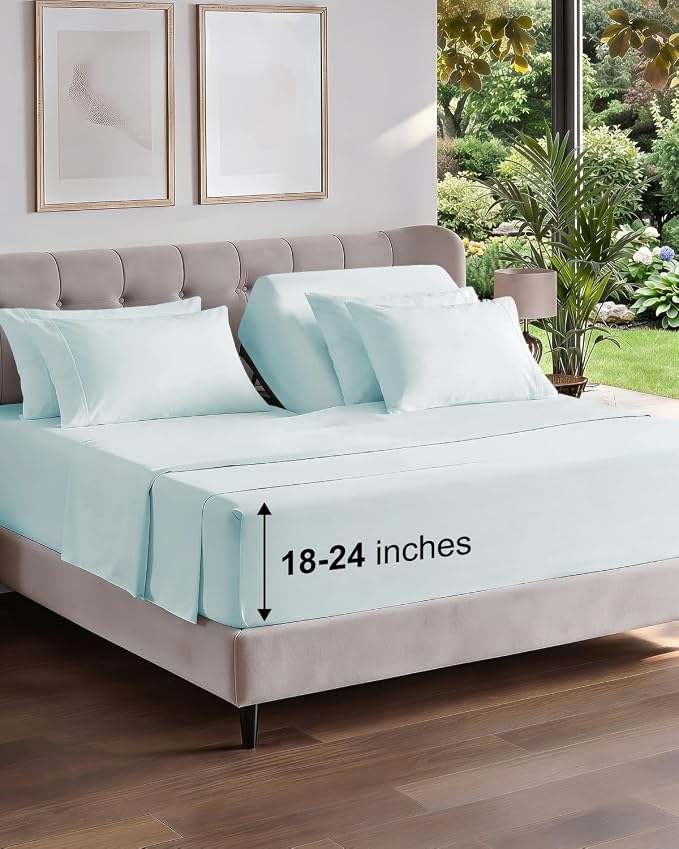 Extra Deep Flex Top Split Head King Sheet Set - 6 Piece Breathable and Cooling Sheets - Hotel Luxury Bedding for Women, Men, Kids & Teens - Easy Secure Fit - Extra Deep Pockets - Ice Blue