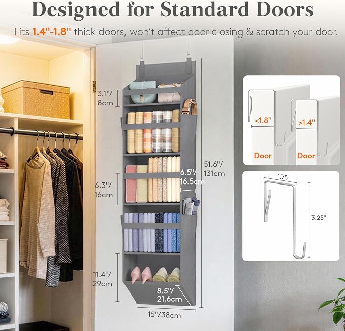 Lifewit 1 Pack Over the Door Organizer, 5 Section Clear Window Hanging Storage with 4 Side Pockets, Sturdy Anti Tilt 40 lbs Load Behind Door for Closet, Bedroom, Bathroom, Nursery, Dorm, Dark Gray
