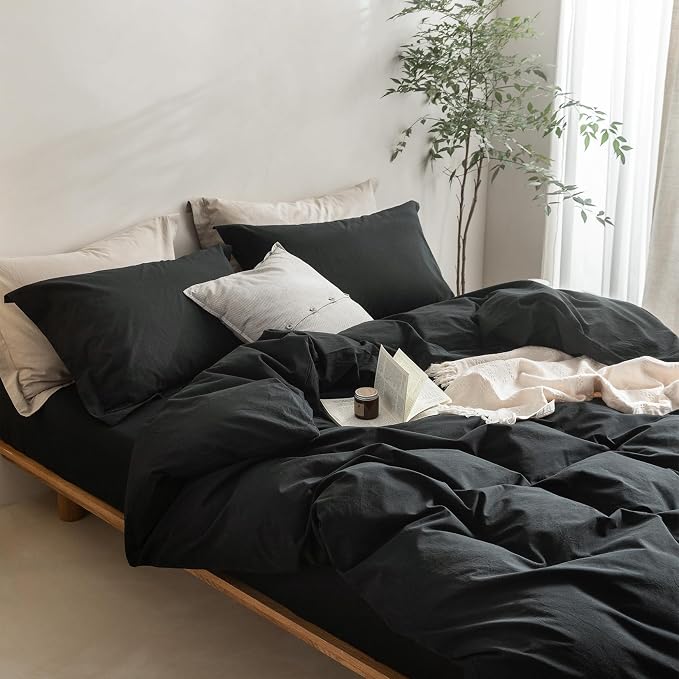 BDEAR 3Pcs Black Duvet Cover Set Oversized Queen Size 98“ L x 98” W | 100% Washed Cotton, 1 Duvet Cover with 2 Pillowcases, Zipper Closure, OEKO TEX Standard,8 Corner Ties,Linen-Liked Texture