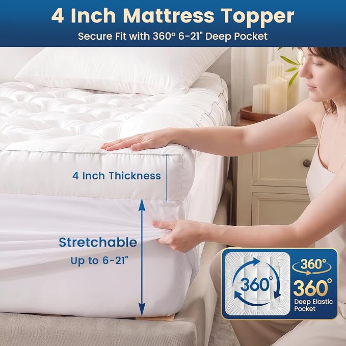 4 Inch Memory Foam Mattress Topper Queen Size for Back Pain Relief | Quilted Pillow Top Fitted Mattress Pad with 360° All-Around Elasticized Pocket, 6-21" Deep Pocket