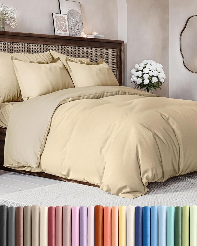 Duvet Cover Cal King Size - 3 Piece with Zipper Closure - Heathered Tan | Extra Soft, Breathable, Cal King Duvet Cover 104" x 98" with 2 Pillow Shams, Zipper Closures & Ties, Women, Men, Kids & Teens