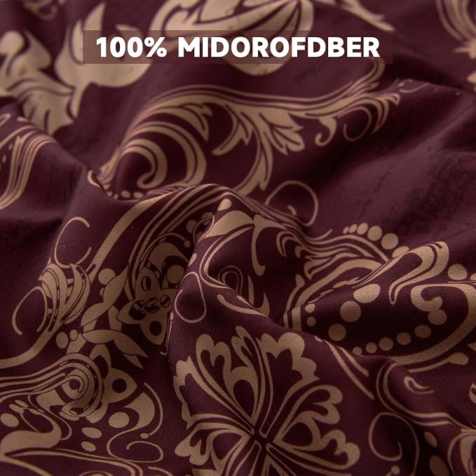 WONGS BEDDING Burgundy Comforter Set Queen Size, Maroon Damask Texture 7 Pieces Bed in a Bag Microfiber Comforter Bedding Sets -1 Comforter, 1 Flat Sheet, 1 Fitted Sheet, 2 Pillow Shams, 2 Pillowcases
