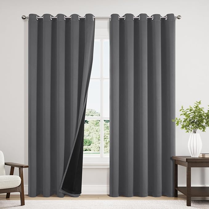 ChrisDowa 100% Blackout Curtains for Bedroom 84 Inches Long 2 Panels Set | 2 Thick Layers, Thermal Insulated, Light Blocking, Grommet, Window Treatment, Living Room Drapes, Grey, 60 x 84 Inch