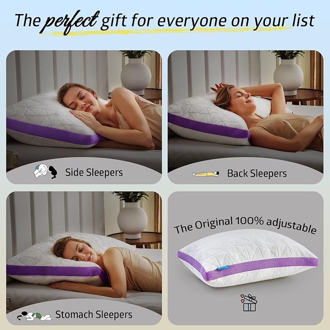BETU Cooling King Size Pillows Set of 2, Shredded Memory Foam Cool Pillows for Hot Sleepers, Adjustable Firm Soft Support Bed Pillow Perfect for Back Neck Pain and Side Sleeping with Cover, Purple