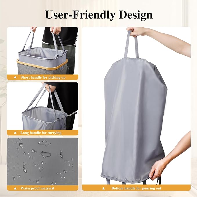 Foluck Large Laundry Hamper, 100L Waterproof Laundry Basket with Lid and Removable Bag, Collapsible Tall Clothes Hamper with Bamboo Handles for Clothes Toys in Dorm Bedroom Bathroom, Grey