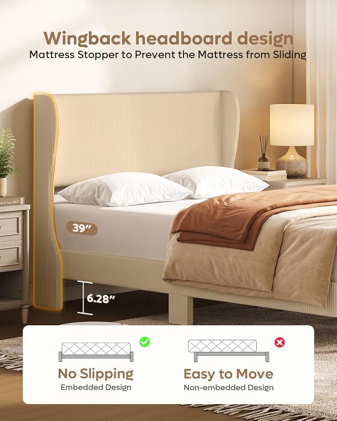 Bestier Full Bed Frame with Wingback Headboard,Upholstered,Taupe | Wooden Slats Support,Easy Assembly,Wingback Headboard,No Squeaks,Vertical Channel Corduroy Upholstered,No Box Spring Needed