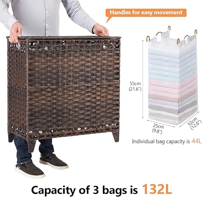 Laundry Hamper with 3 Removable Liner Bags, 132L Laundry Sorter with Lid | Raised Feet; Side Carry Handles; Handwoven PP Rattan; Rust-Resistant Iron Frame; Decorative Woven Design