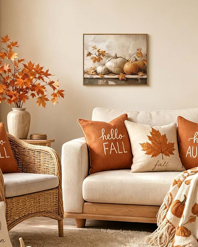 WHASAYART Vintage Pumpkin Thanksgiving Wall Art 16x20 Framed Canvas Print with Fall Leaves, Rustic Autumn Season Painting, Cozy Harvest Dining Room Kitchen Farmhouse Decor