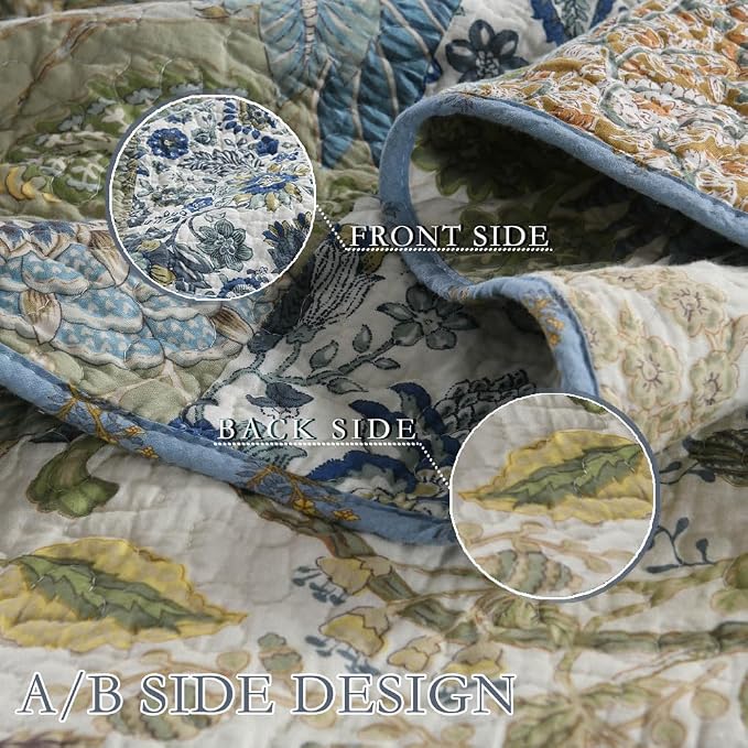 Wistown Cotton Bedspread Bedding Coverlet Quilt Sets, Reversible Vintage Branch Floral Bedspread comforters, (Rustic Sage Green Patchwork Pattern, King Size)