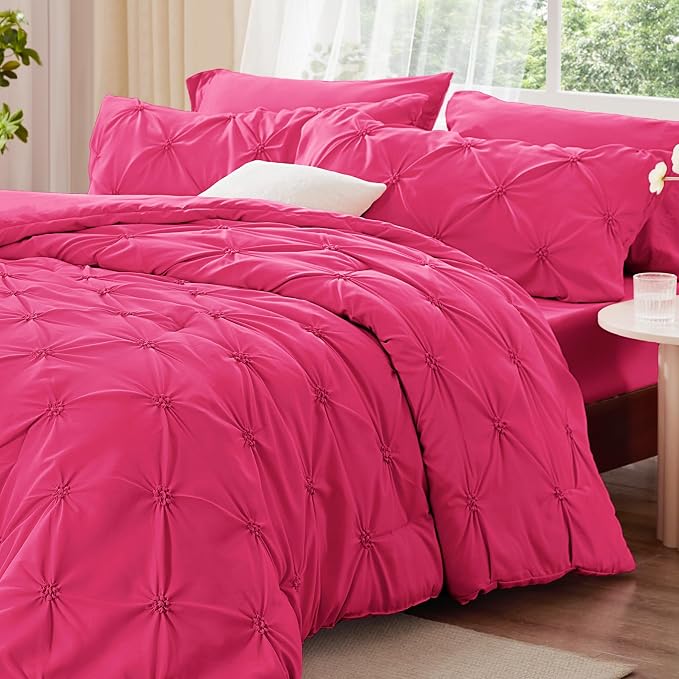 BEDELITE Queen Comforter Set Hot Pink,Lightweight & Soft Comforter | Pintuck Boho Bedding, Warm & Cute Bed Set for All Season,With 2 Pillowcases