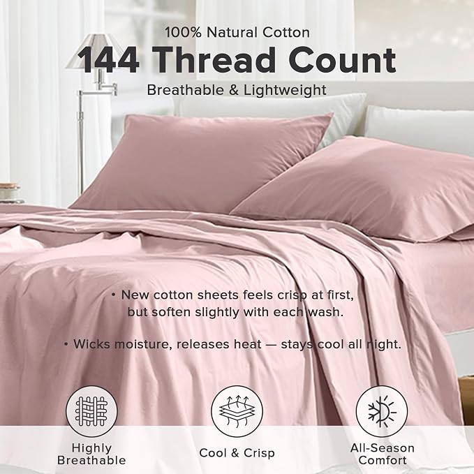 Comfort Spaces 100% Cotton Percale Sheets King Sheet Set 4 Pcs, Pink | Crisp, Cool & Breathable Bed Sheets, 14" Deep Pocket Fits Up to 16" Mattress, Lightweight, All Season Cozy, with Pillow Case