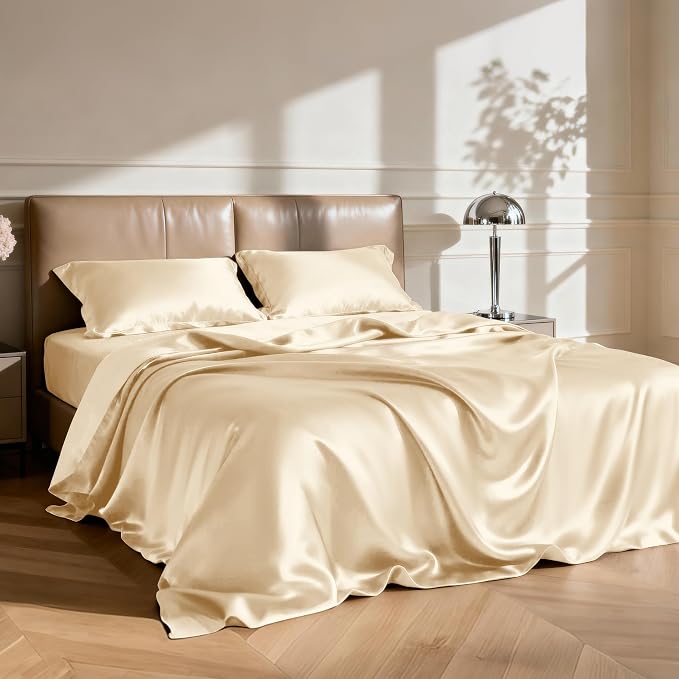 Love's cabin Satin Queen Sheets Set - 4 Piece Beige Silky Bed Sheets Set with Deep Pocket, Luxury Silk Feel Satin Queen Size Sheet Set (1 Flat Sheet,1 Fitted Sheet,2 Pillow Cases)