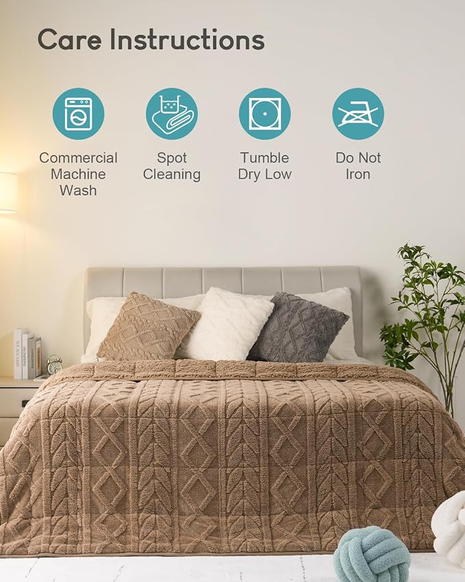Cottonblue Jacquard Sherpa Weighted Blanket 10lbs for Adults Twin/Full Size | Ultra Soft Cozy Fleece Blanket Weighted Blankets 48x72 in for Calm Sleep Relax, Fuzzy Bed Sofa Heavy Blanket Throw, Khaki